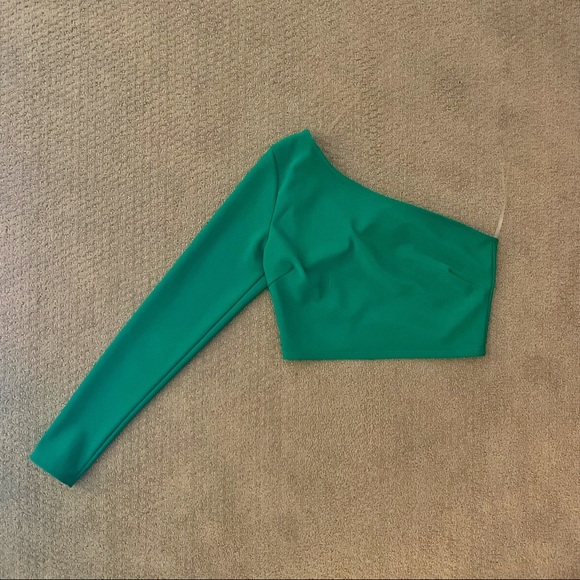 AKIRA One Shouldered Green Tight Fit Stretchy Top - Picture 2 of 3